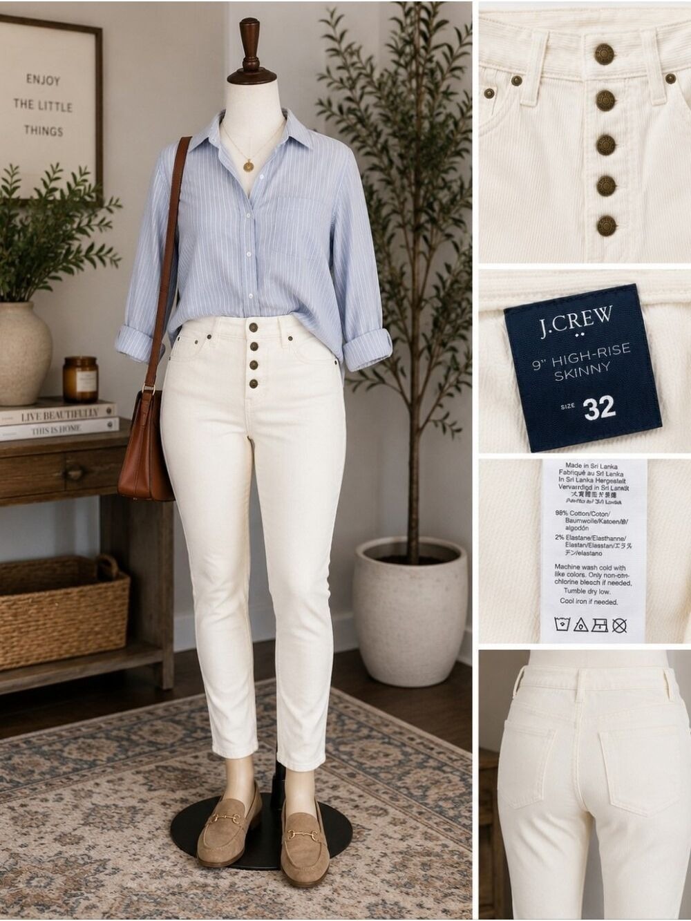 J.Crew 9" High-Rise Skinny Corduroy Pants – Women's Size 32 – Ivory/Cream – NWOT